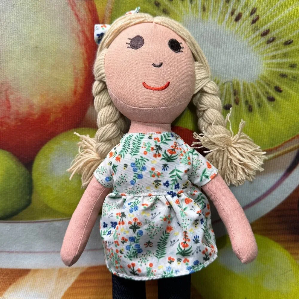 Handmade Fabric Doll With Blonde Braids & Floral Dress - Picture 3 of 7
